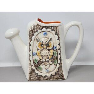 Vintage Hand Painted Ceramic Owl Watering Can Planter‎ Vase Ceramic By Nell
